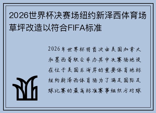 2026世界杯决赛场纽约新泽西体育场草坪改造以符合FIFA标准