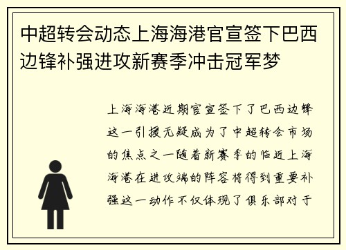 中超转会动态上海海港官宣签下巴西边锋补强进攻新赛季冲击冠军梦